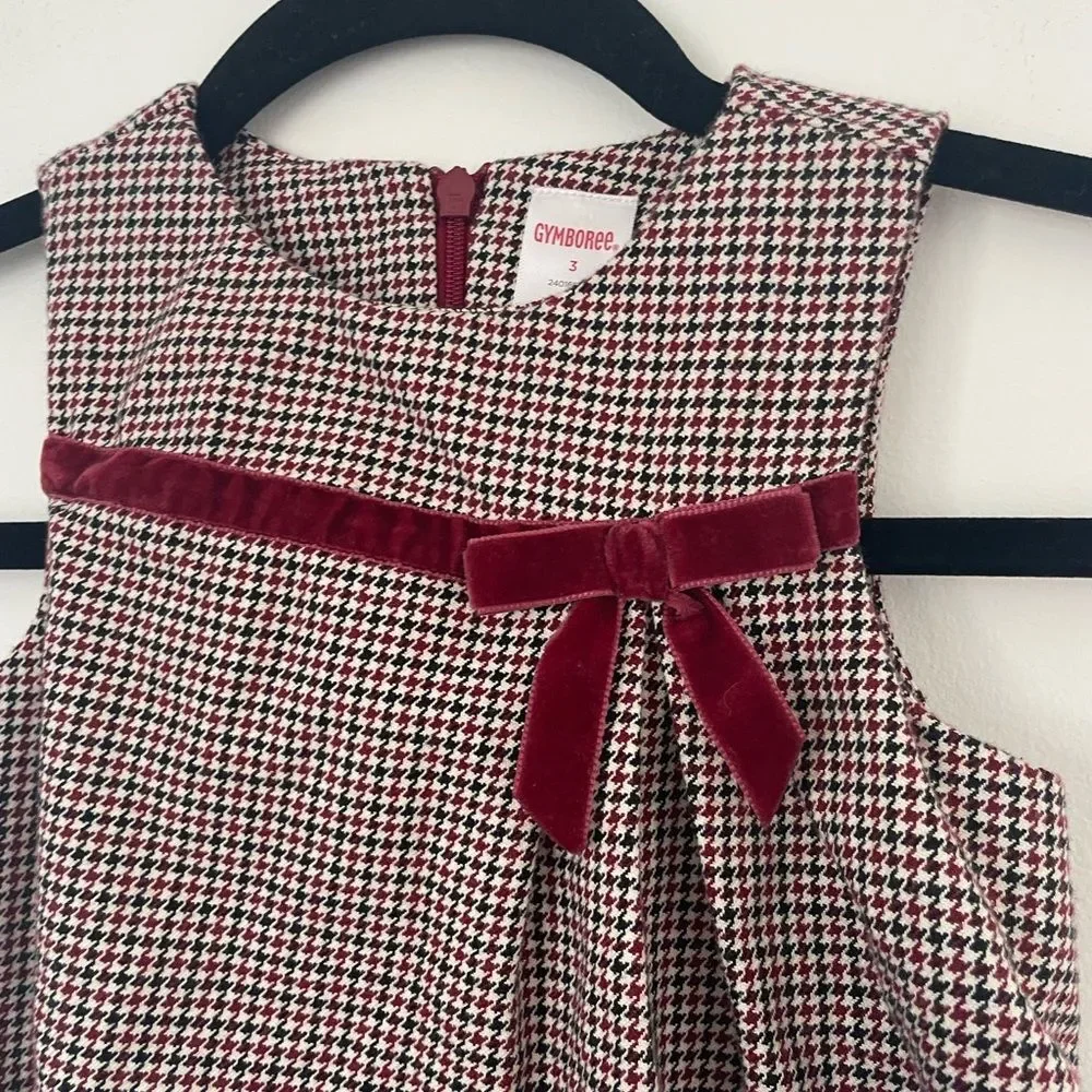 Gymboree Girls Kids Dress Red Black Houndstooth Velvet Bow Portrait size 3